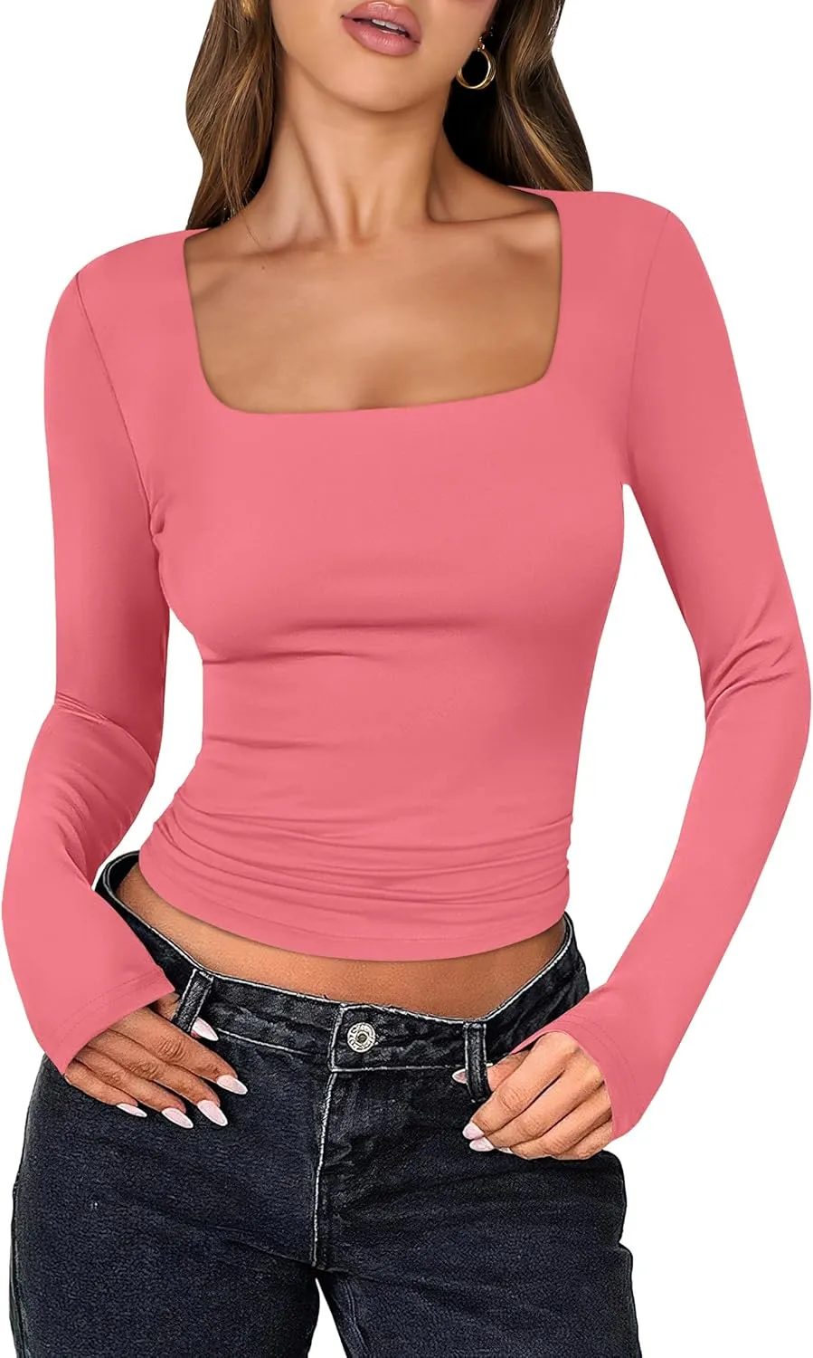 ANRABESS Women Double Lined Long Sleeve Crop Tops Shirts Square Neck Tight Fitted Going Out T-Shirt Basic Tee Outfits 2025