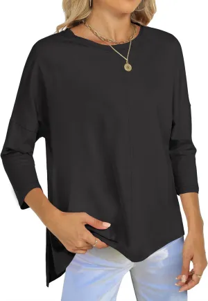 ANRABESS Womens 3/4 Length Sleeve Tops Loose Fit Tunic Shirts Oversized Spring Summer Casual Crew Neck Basic Boxy Tee