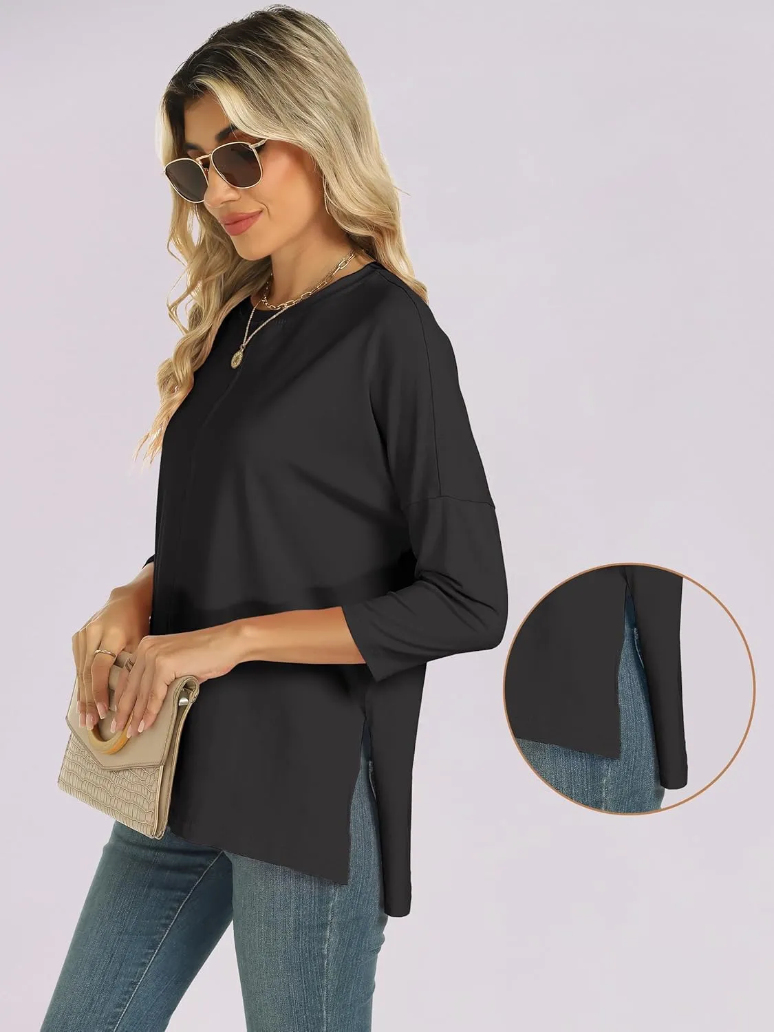 ANRABESS Womens 3/4 Length Sleeve Tops Loose Fit Tunic Shirts Oversized Spring Summer Casual Crew Neck Basic Boxy Tee