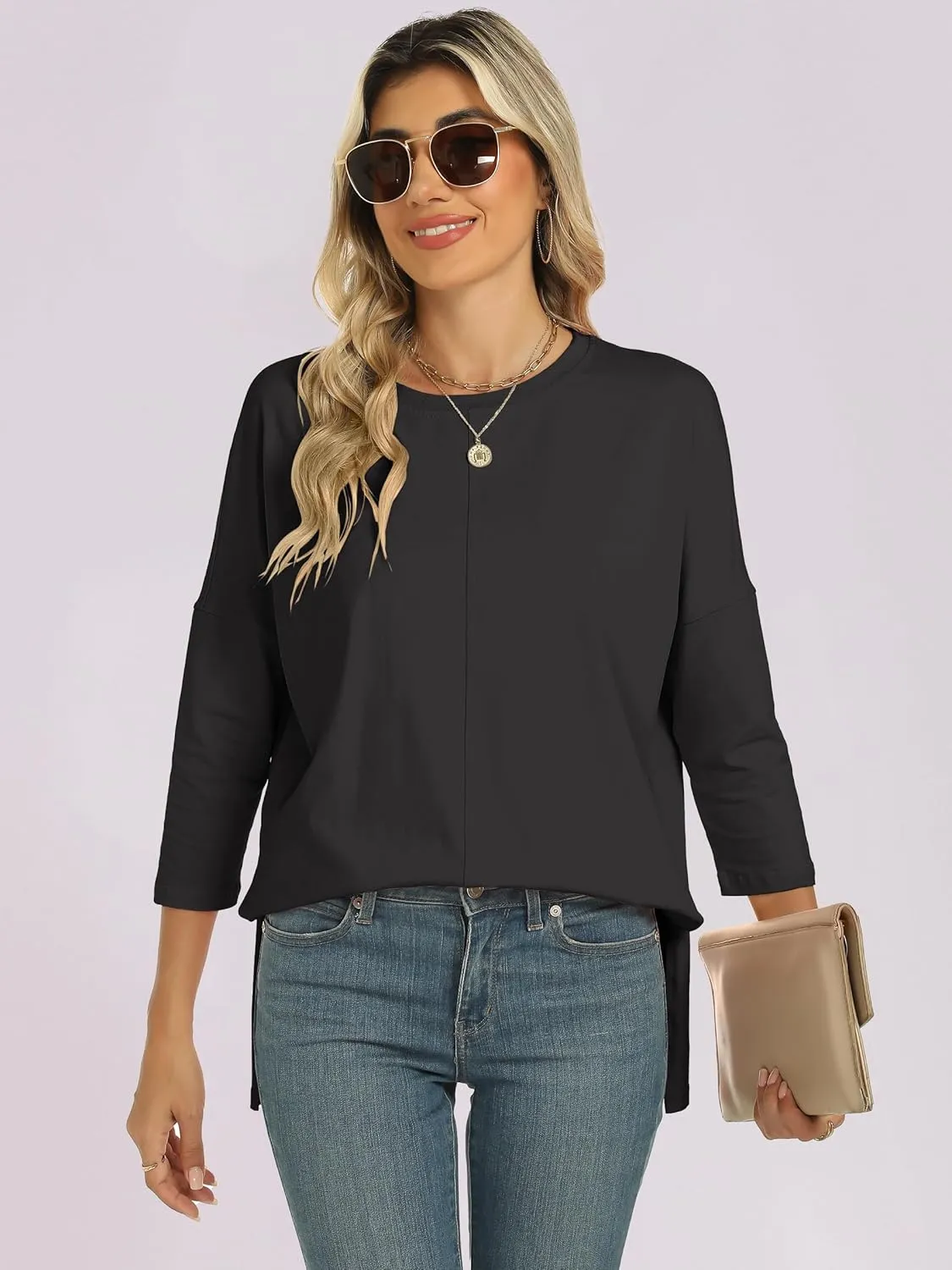 ANRABESS Womens 3/4 Length Sleeve Tops Loose Fit Tunic Shirts Oversized Spring Summer Casual Crew Neck Basic Boxy Tee