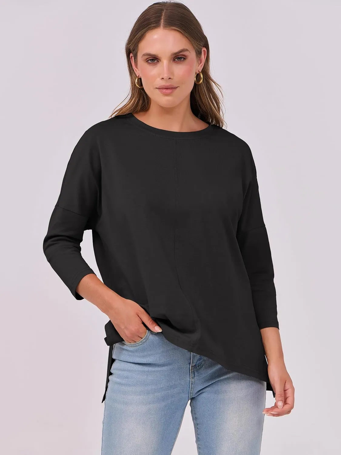 ANRABESS Womens 3/4 Length Sleeve Tops Loose Fit Tunic Shirts Oversized Spring Summer Casual Crew Neck Basic Boxy Tee