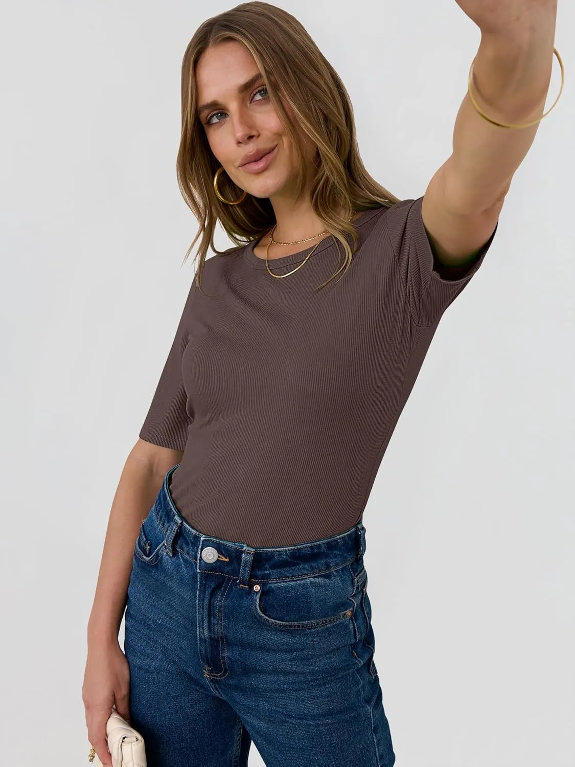 ANRABESS Womens Half Sleeve Crewneck Tops Ribbed Knit Slim Fit Shirts Basic Tee 2025 Spring Summer Dressy Casual T-Shirts