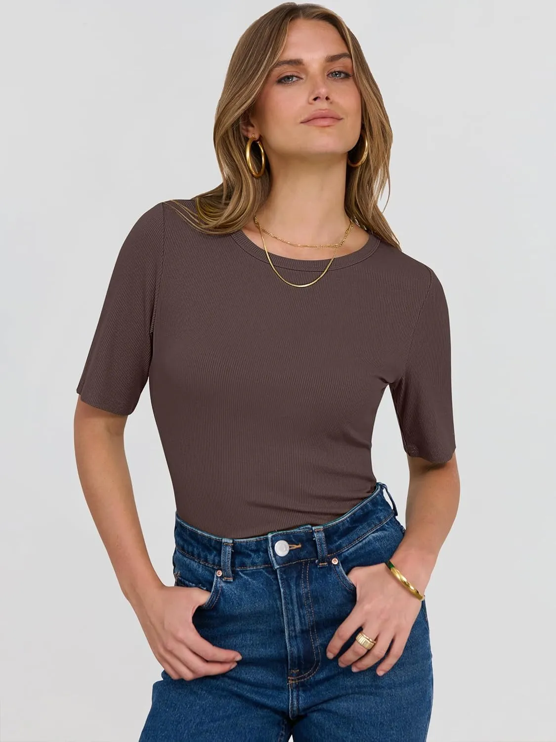 ANRABESS Womens Half Sleeve Crewneck Tops Ribbed Knit Slim Fit Shirts Basic Tee 2025 Spring Summer Dressy Casual T-Shirts