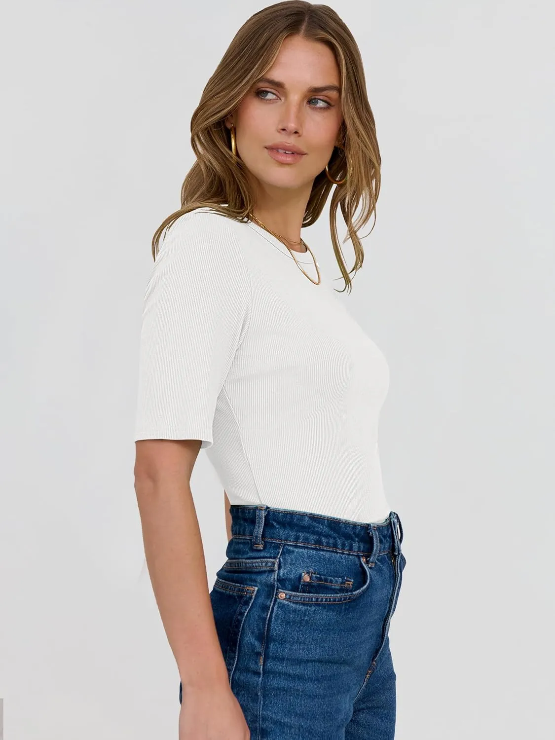 ANRABESS Womens Half Sleeve Crewneck Tops Ribbed Knit Slim Fit Shirts Basic Tee 2025 Spring Summer Dressy Casual T-Shirts