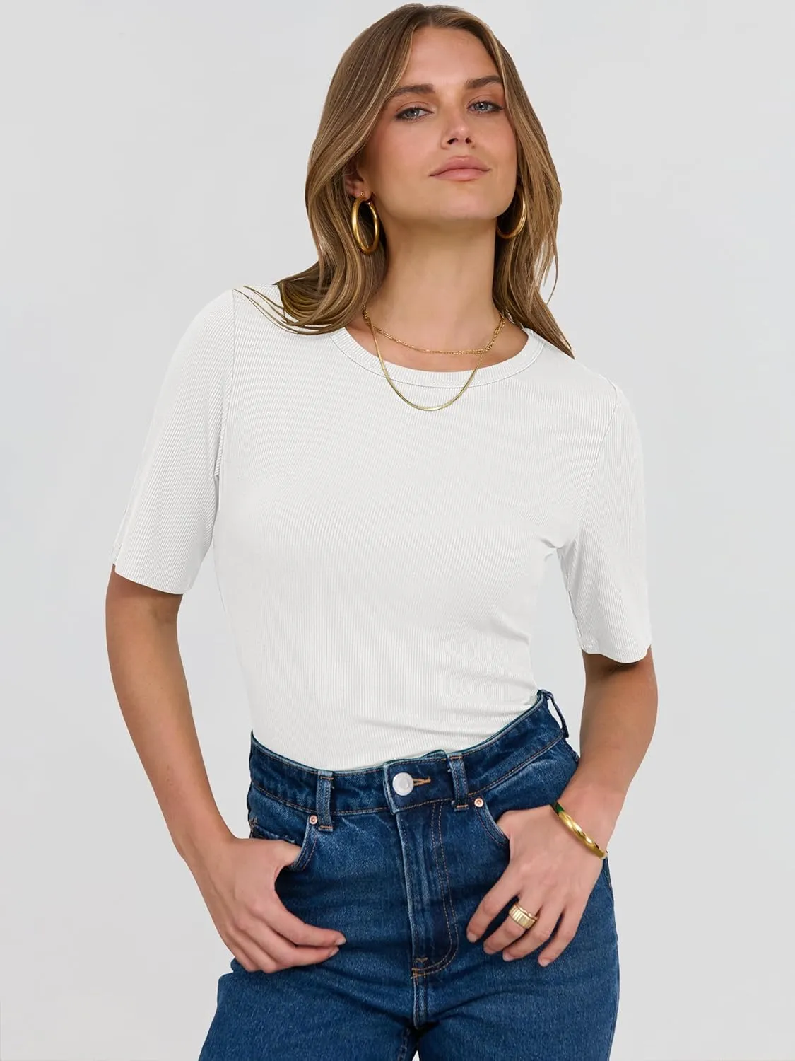 ANRABESS Womens Half Sleeve Crewneck Tops Ribbed Knit Slim Fit Shirts Basic Tee 2025 Spring Summer Dressy Casual T-Shirts