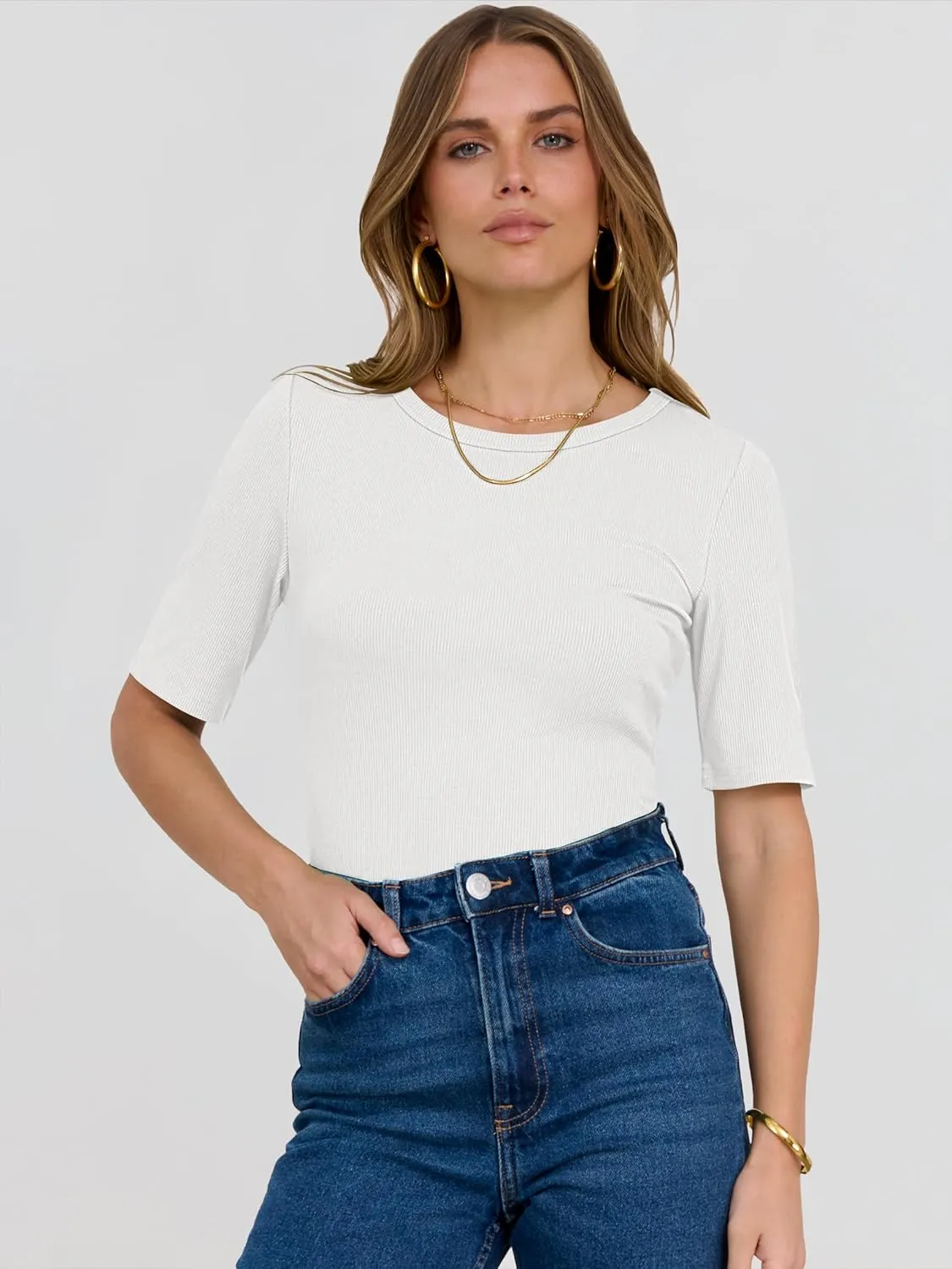 ANRABESS Womens Half Sleeve Crewneck Tops Ribbed Knit Slim Fit Shirts Basic Tee 2025 Spring Summer Dressy Casual T-Shirts