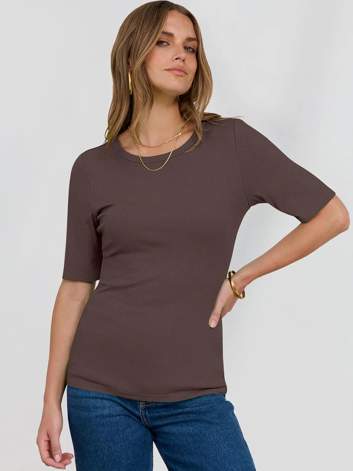 ANRABESS Womens Half Sleeve Crewneck Tops Ribbed Knit Slim Fit Shirts Basic Tee 2025 Spring Summer Dressy Casual T-Shirts