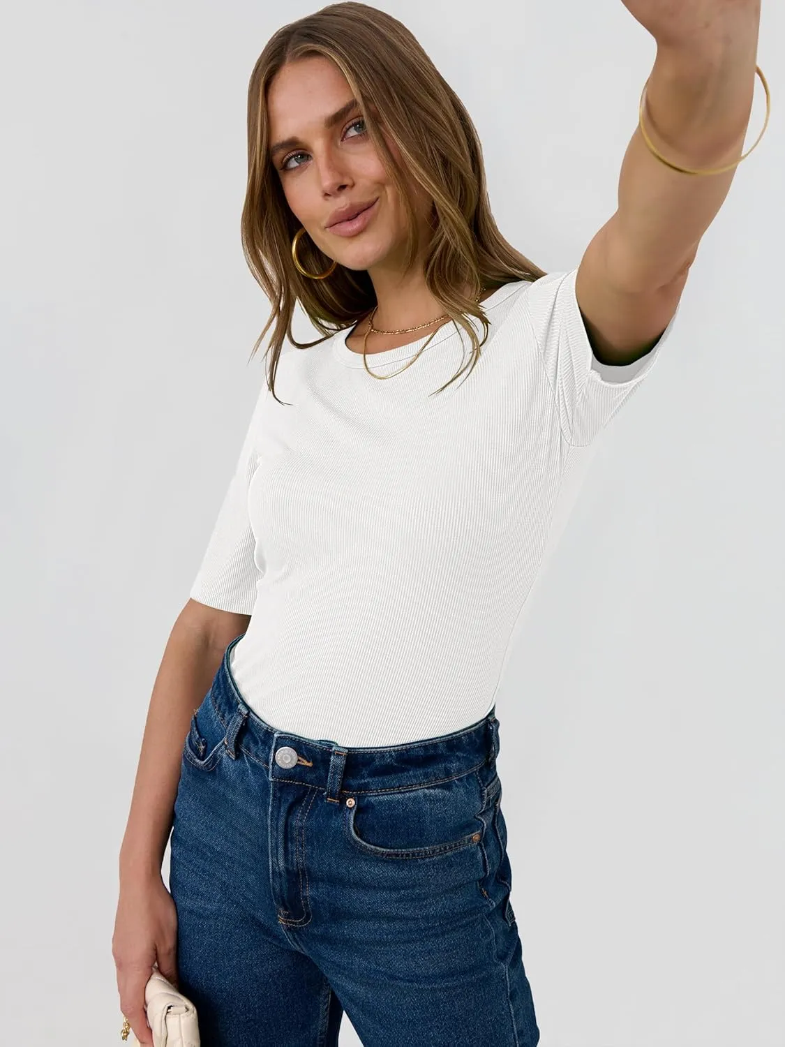 ANRABESS Womens Half Sleeve Crewneck Tops Ribbed Knit Slim Fit Shirts Basic Tee 2025 Spring Summer Dressy Casual T-Shirts