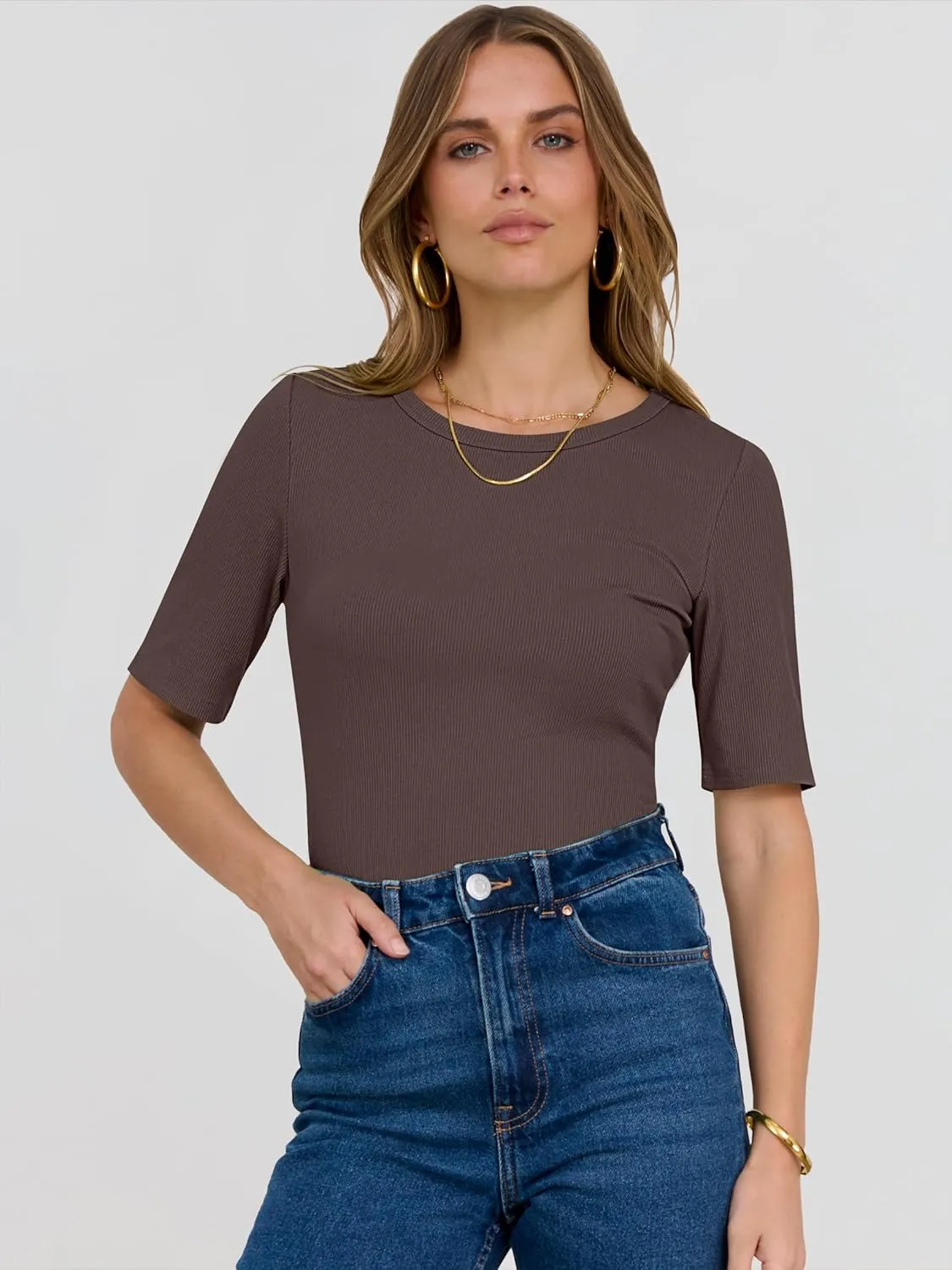 ANRABESS Womens Half Sleeve Crewneck Tops Ribbed Knit Slim Fit Shirts Basic Tee 2025 Spring Summer Dressy Casual T-Shirts