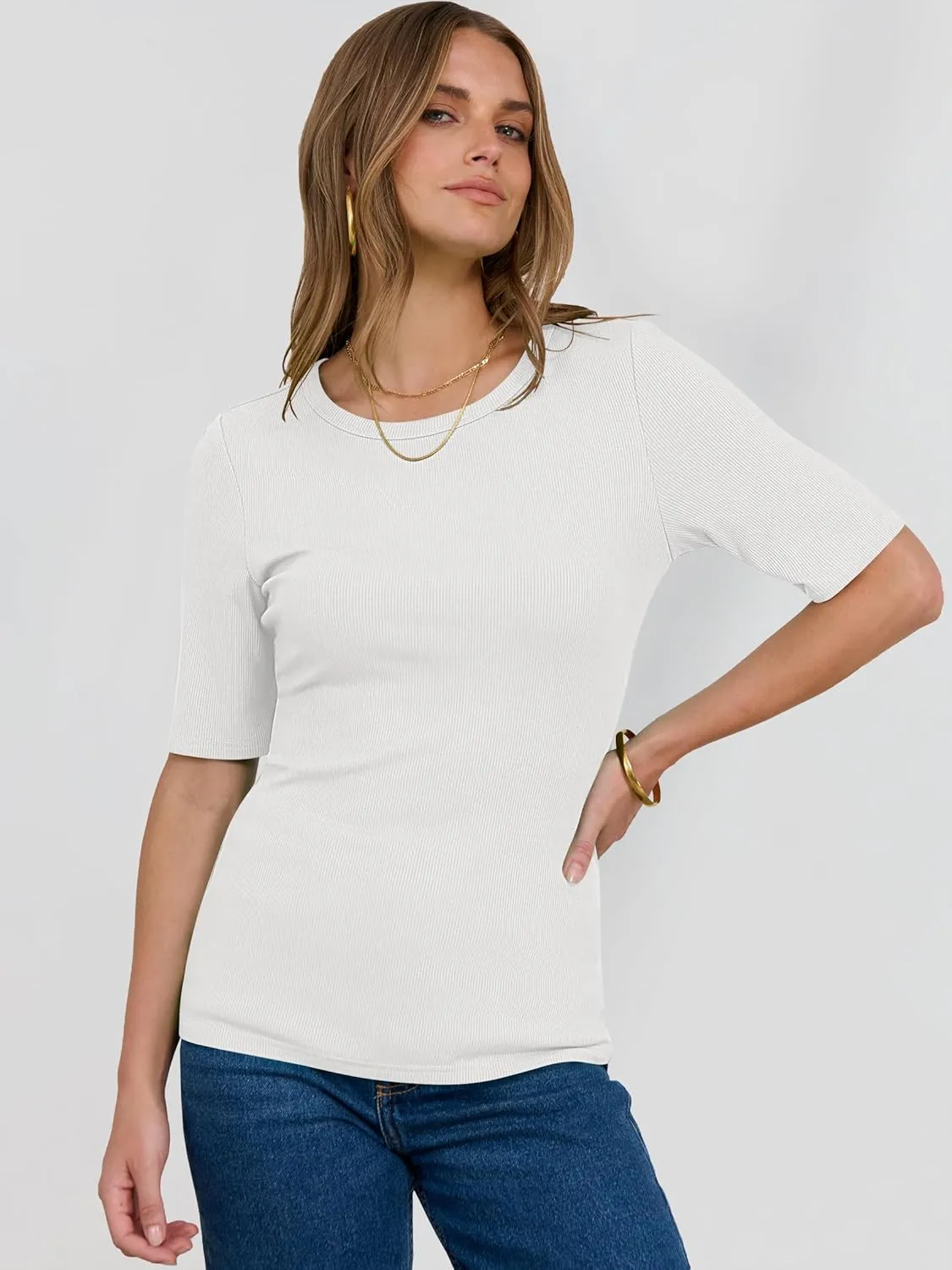 ANRABESS Womens Half Sleeve Crewneck Tops Ribbed Knit Slim Fit Shirts Basic Tee 2025 Spring Summer Dressy Casual T-Shirts
