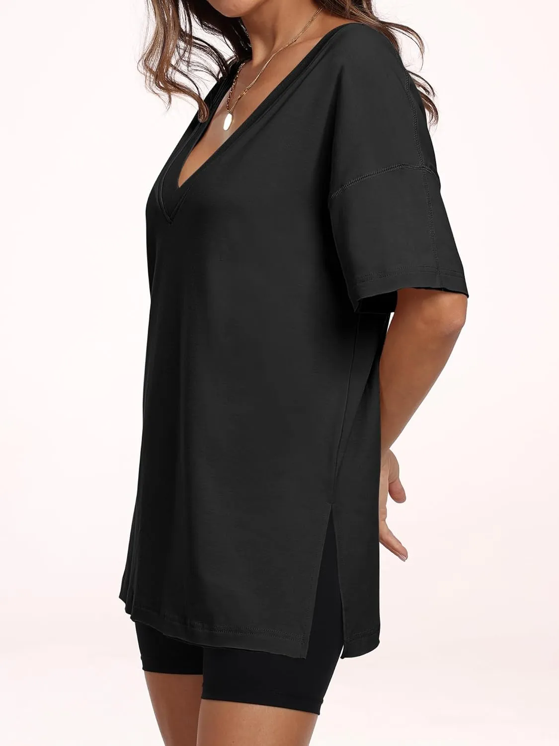ANRABESS Women's Oversized T-Shirt Short Sleeve V Neck Loose Baggy Reversible Tops Casual Tee Shirts Summer Outfits 2025