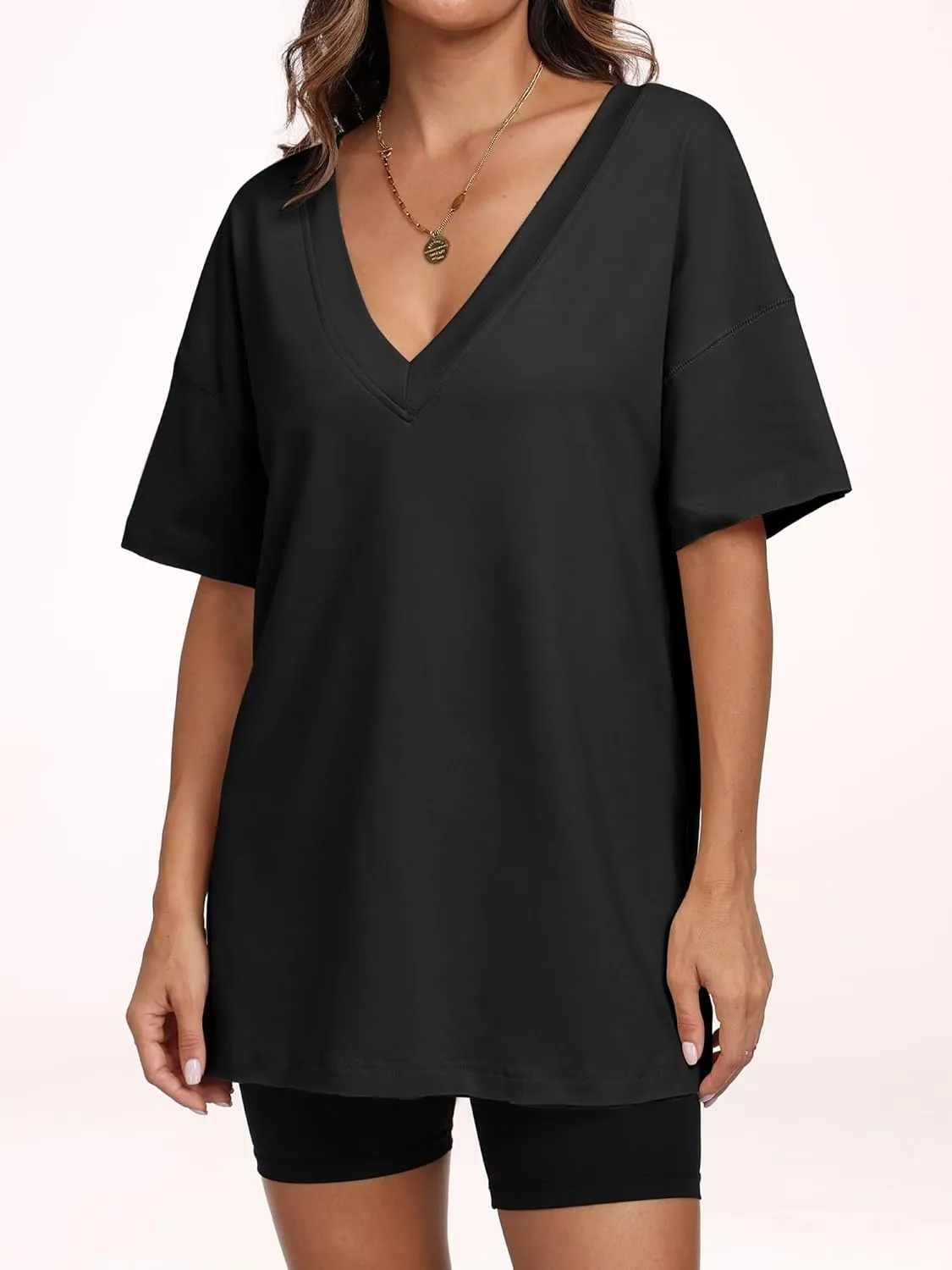 ANRABESS Women's Oversized T-Shirt Short Sleeve V Neck Loose Baggy Reversible Tops Casual Tee Shirts Summer Outfits 2025
