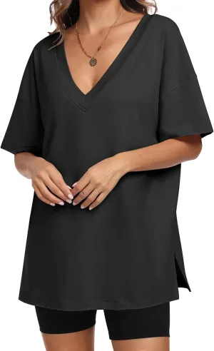 ANRABESS Women's Oversized T-Shirt Short Sleeve V Neck Loose Baggy Reversible Tops Casual Tee Shirts Summer Outfits 2025