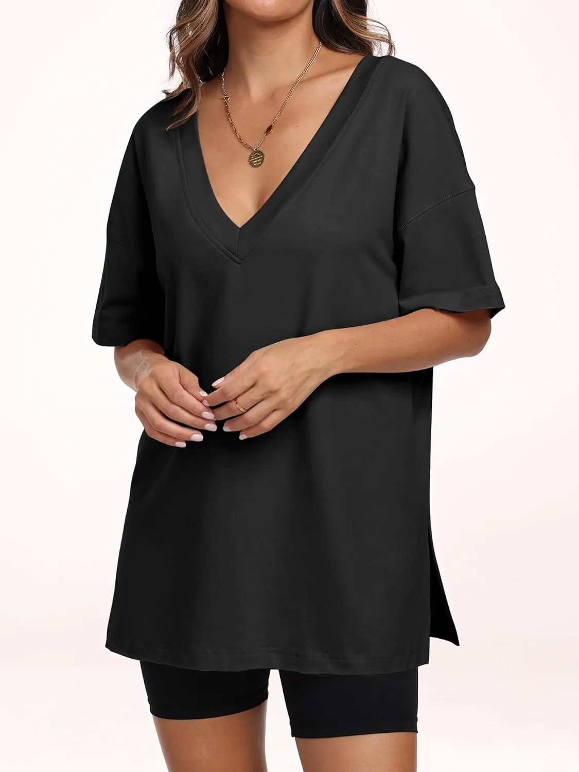 ANRABESS Women's Oversized T-Shirt Short Sleeve V Neck Loose Baggy Reversible Tops Casual Tee Shirts Summer Outfits 2025