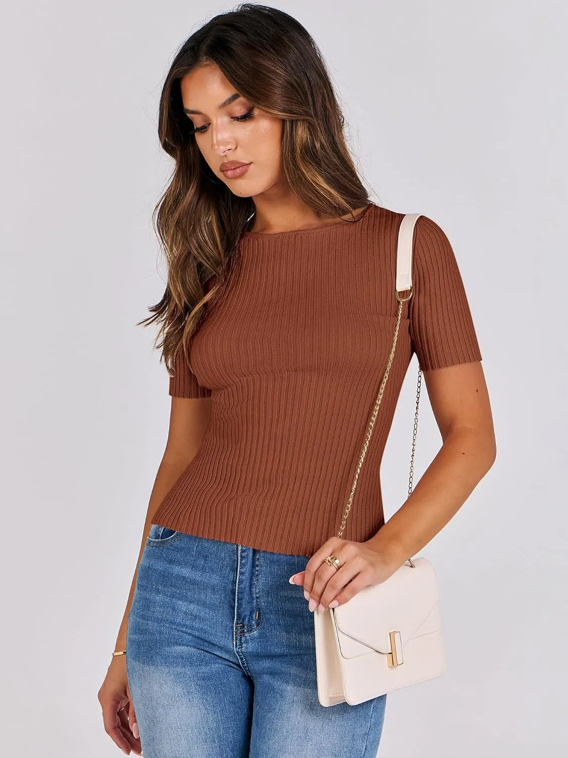 ANRABESS Womens Short Sleeve Crewneck T Shirt Ribbed Knit Sweater Shirts Slim Fit Basic Casual Spring Summer Sweater Tee Tops