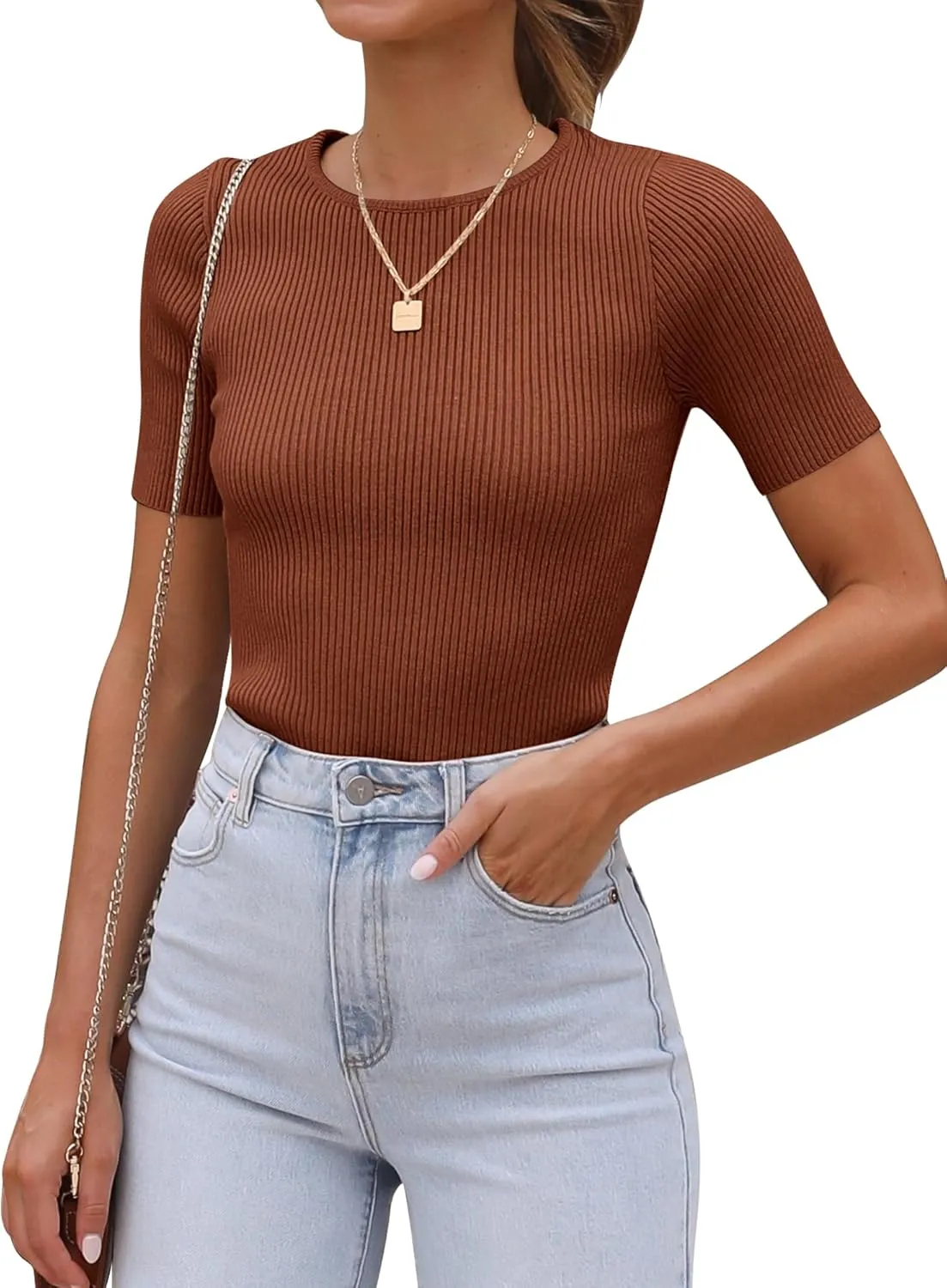 ANRABESS Womens Short Sleeve Crewneck T Shirt Ribbed Knit Sweater Shirts Slim Fit Basic Casual Spring Summer Sweater Tee Tops