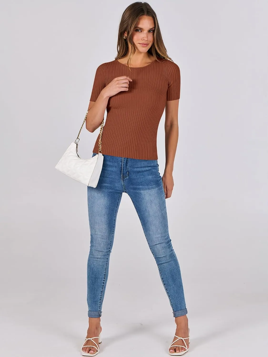 ANRABESS Womens Short Sleeve Crewneck T Shirt Ribbed Knit Sweater Shirts Slim Fit Basic Casual Spring Summer Sweater Tee Tops
