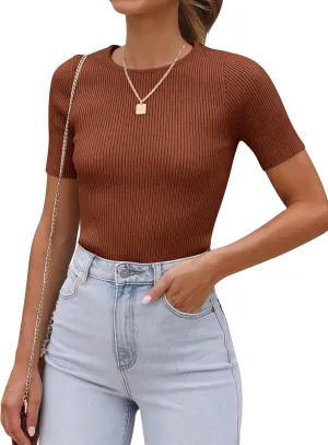 ANRABESS Womens Short Sleeve Crewneck T Shirt Ribbed Knit Sweater Shirts Slim Fit Basic Casual Spring Summer Sweater Tee Tops
