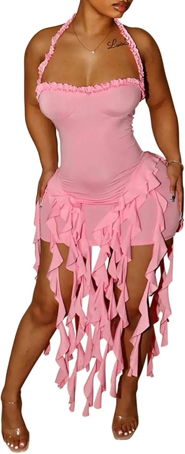 Aro Lora Womens Sexy Halter Neck Sleeveless Ruffle Tassel Party Club Bodycon Mini Dress