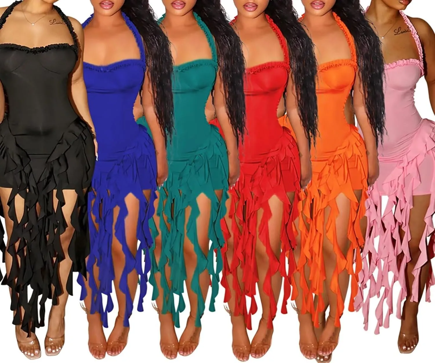Aro Lora Womens Sexy Halter Neck Sleeveless Ruffle Tassel Party Club Bodycon Mini Dress