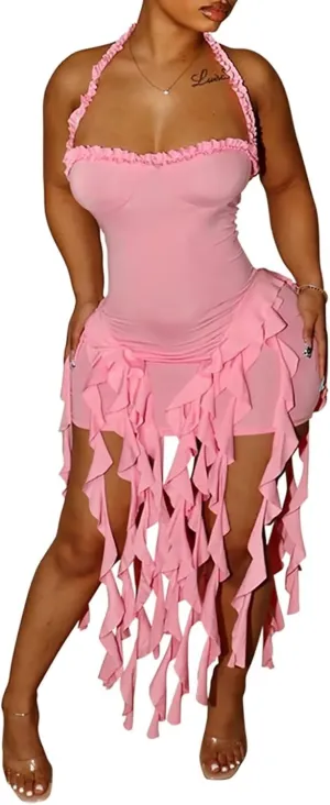 Aro Lora Womens Sexy Halter Neck Sleeveless Ruffle Tassel Party Club Bodycon Mini Dress