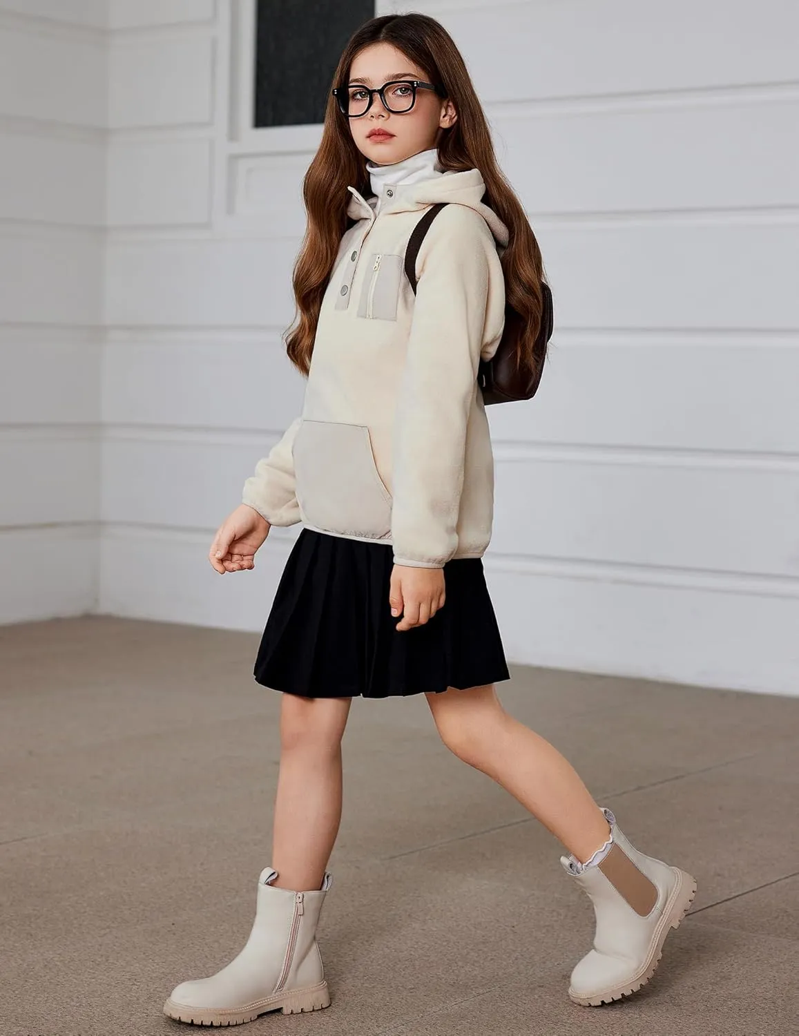 Arshiner Girls Fleece Pullover Hooded Sweatshirt Colorblock Sherpa Hoodie for Teen Girl Winter Button Jacket Coat with Pocket
