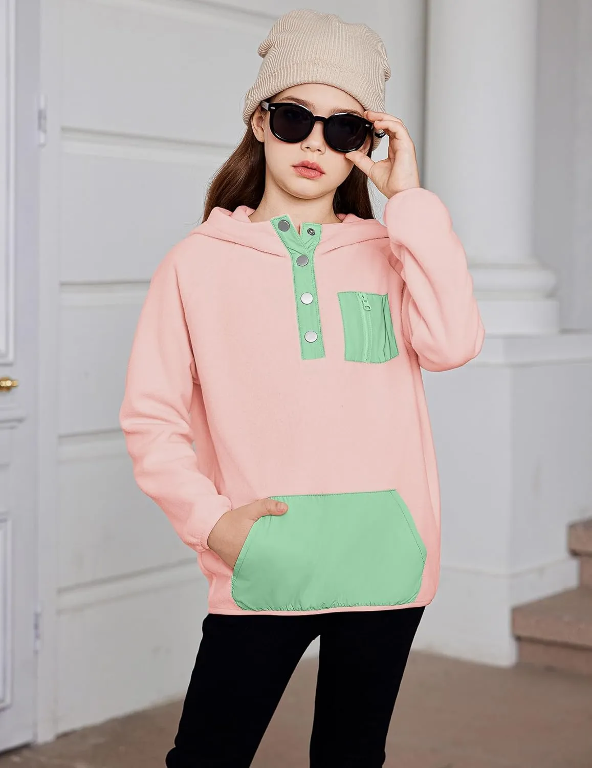 Arshiner Girls Fleece Pullover Hooded Sweatshirt Colorblock Sherpa Hoodie for Teen Girl Winter Button Jacket Coat with Pocket