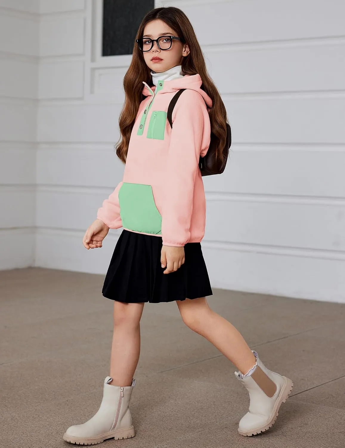 Arshiner Girls Fleece Pullover Hooded Sweatshirt Colorblock Sherpa Hoodie for Teen Girl Winter Button Jacket Coat with Pocket
