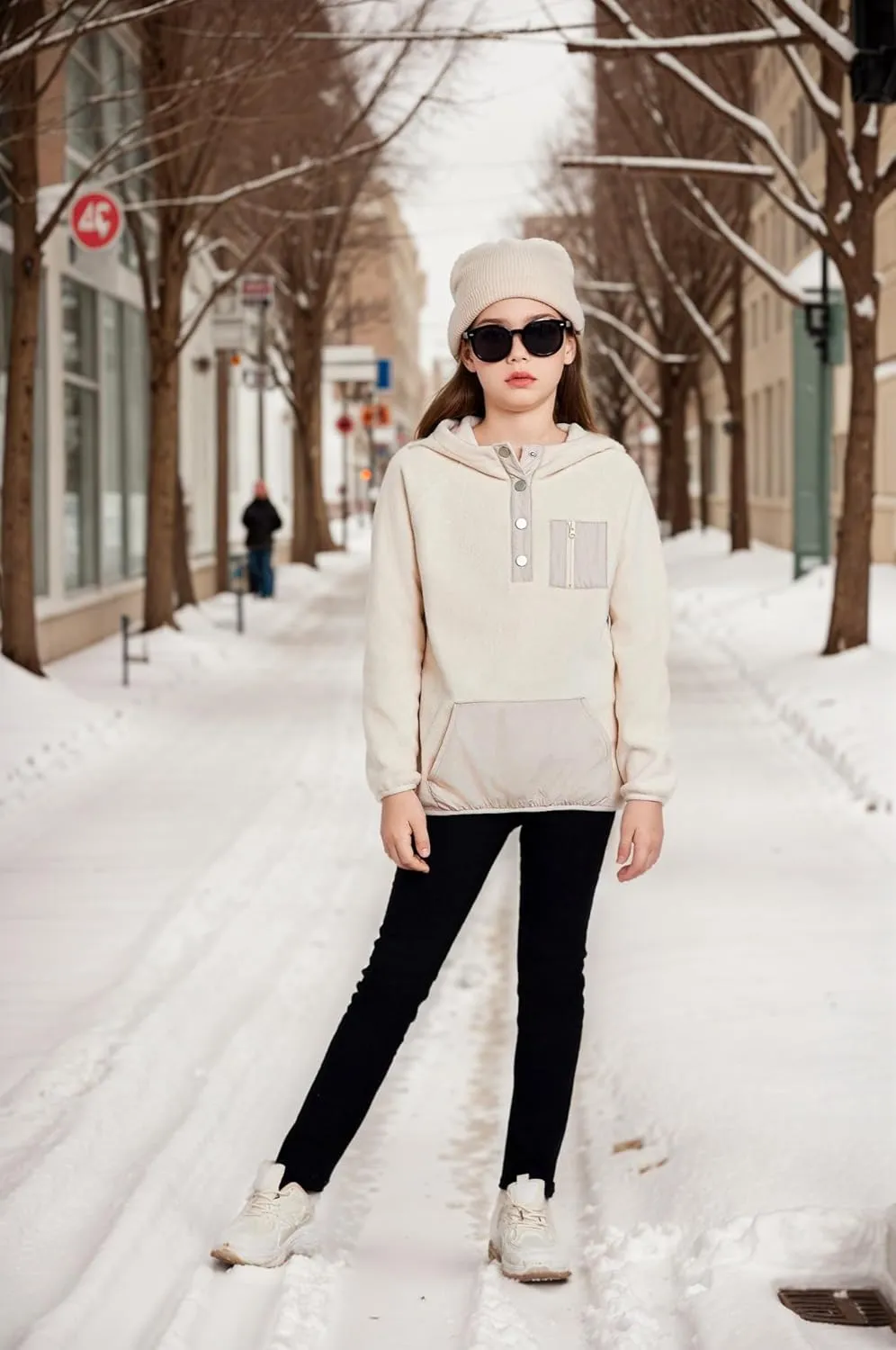 Arshiner Girls Fleece Pullover Hooded Sweatshirt Colorblock Sherpa Hoodie for Teen Girl Winter Button Jacket Coat with Pocket