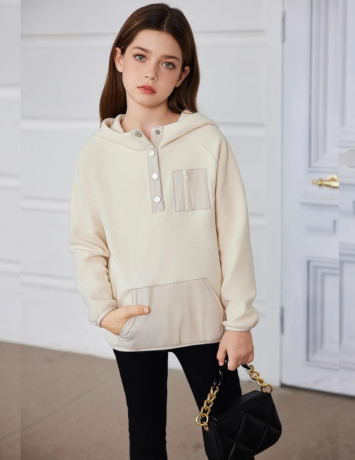 Arshiner Girls Fleece Pullover Hooded Sweatshirt Colorblock Sherpa Hoodie for Teen Girl Winter Button Jacket Coat with Pocket