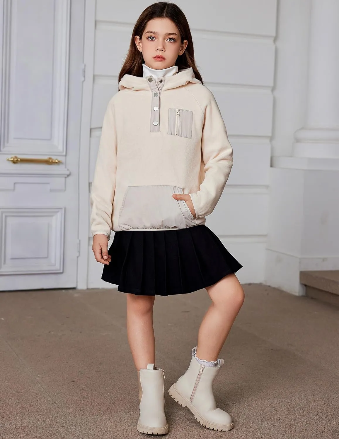 Arshiner Girls Fleece Pullover Hooded Sweatshirt Colorblock Sherpa Hoodie for Teen Girl Winter Button Jacket Coat with Pocket