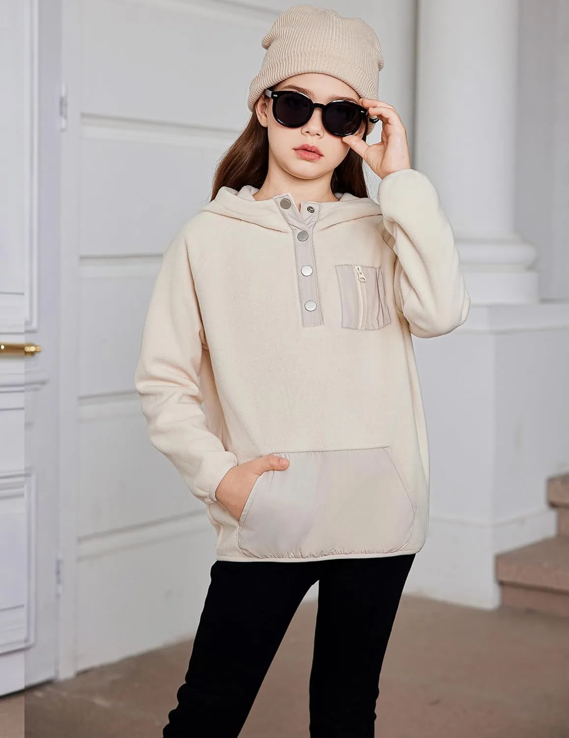 Arshiner Girls Fleece Pullover Hooded Sweatshirt Colorblock Sherpa Hoodie for Teen Girl Winter Button Jacket Coat with Pocket