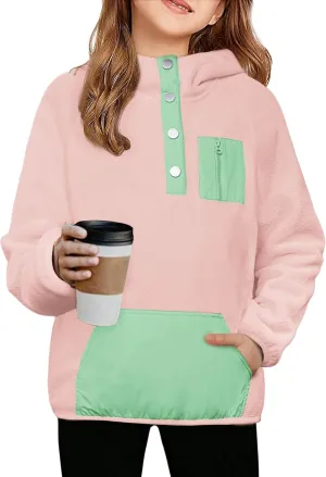 Arshiner Girls Fleece Pullover Hooded Sweatshirt Colorblock Sherpa Hoodie for Teen Girl Winter Button Jacket Coat with Pocket