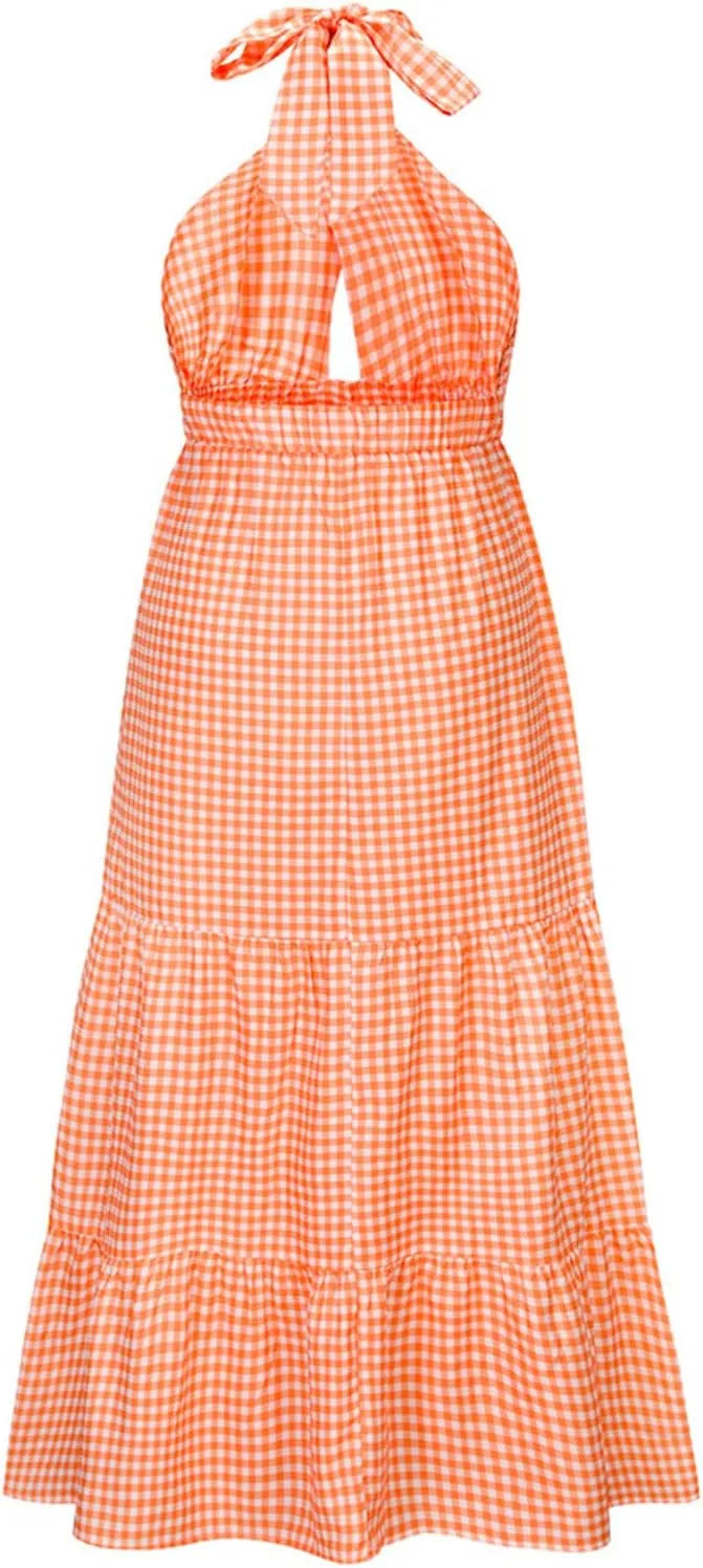 ASHER FASHION Women's Summer Plaid Maxi Dress Crossover Halter Neck Sleeveless Backless Flowy A Line Sundress