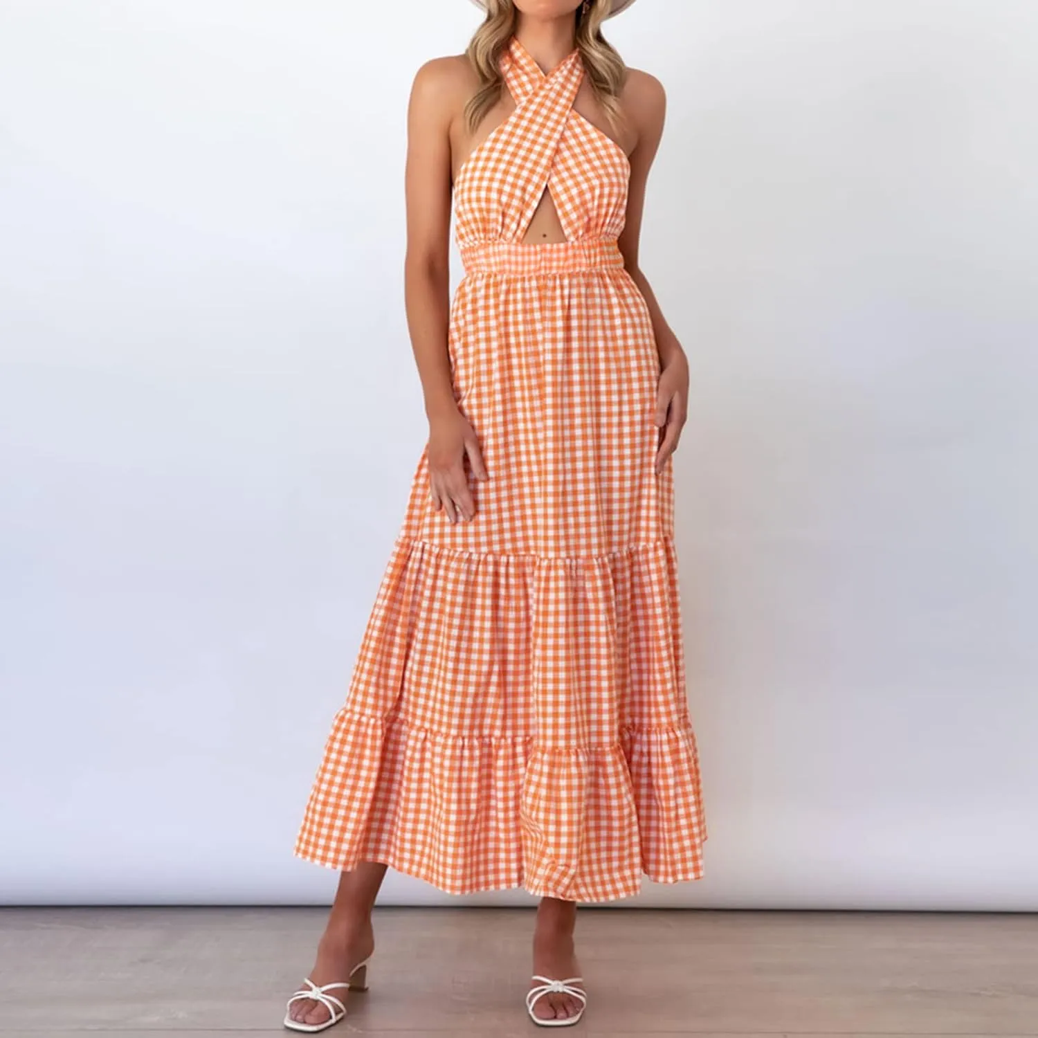 ASHER FASHION Women's Summer Plaid Maxi Dress Crossover Halter Neck Sleeveless Backless Flowy A Line Sundress