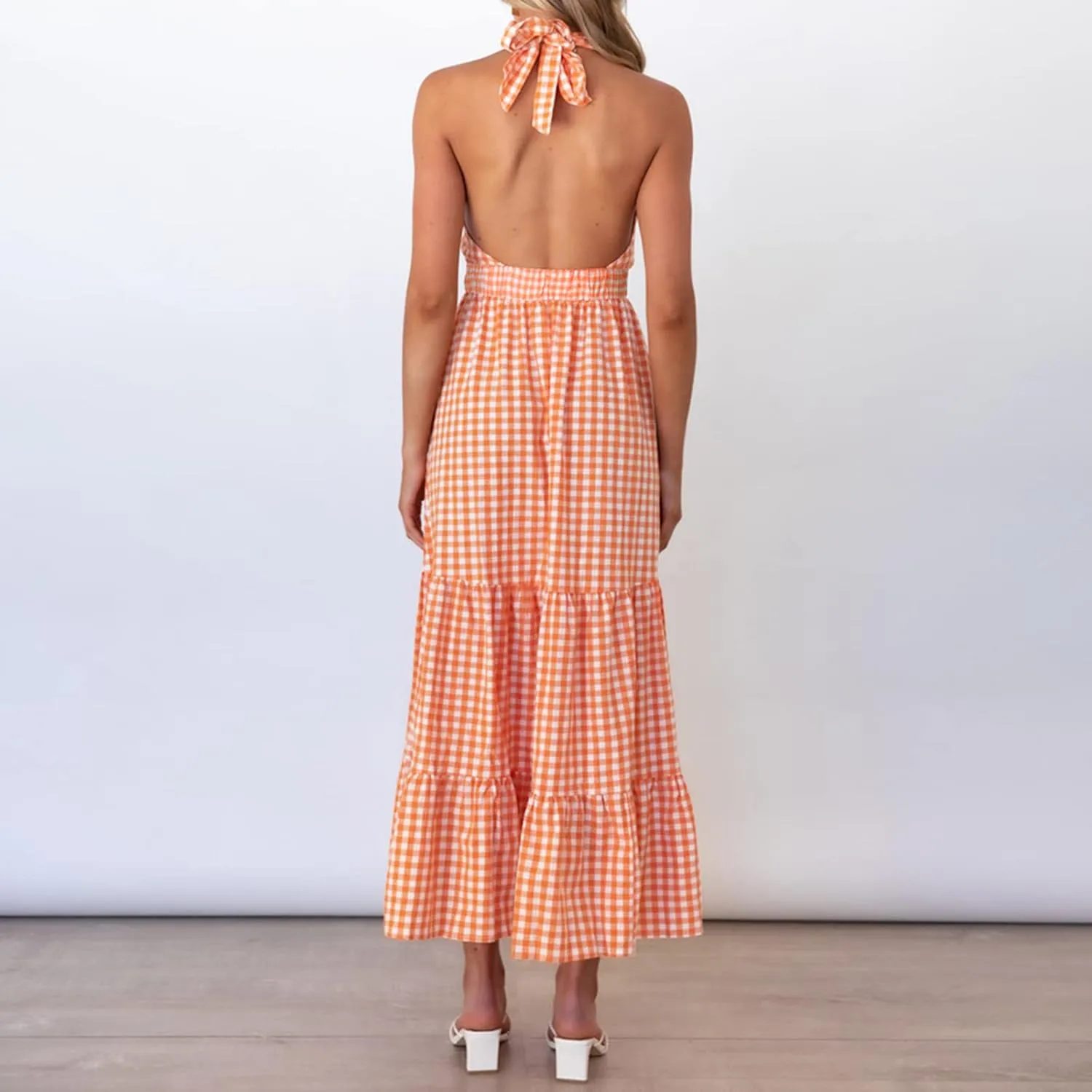 ASHER FASHION Women's Summer Plaid Maxi Dress Crossover Halter Neck Sleeveless Backless Flowy A Line Sundress