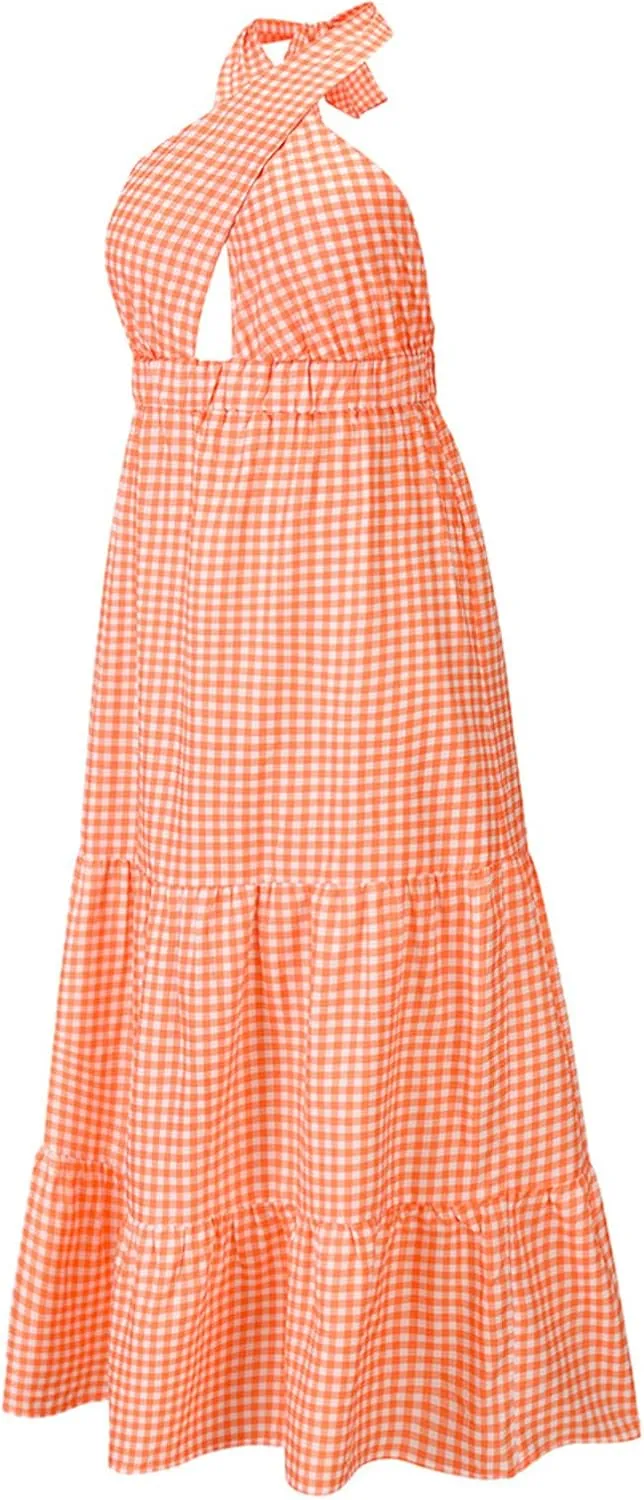 ASHER FASHION Women's Summer Plaid Maxi Dress Crossover Halter Neck Sleeveless Backless Flowy A Line Sundress