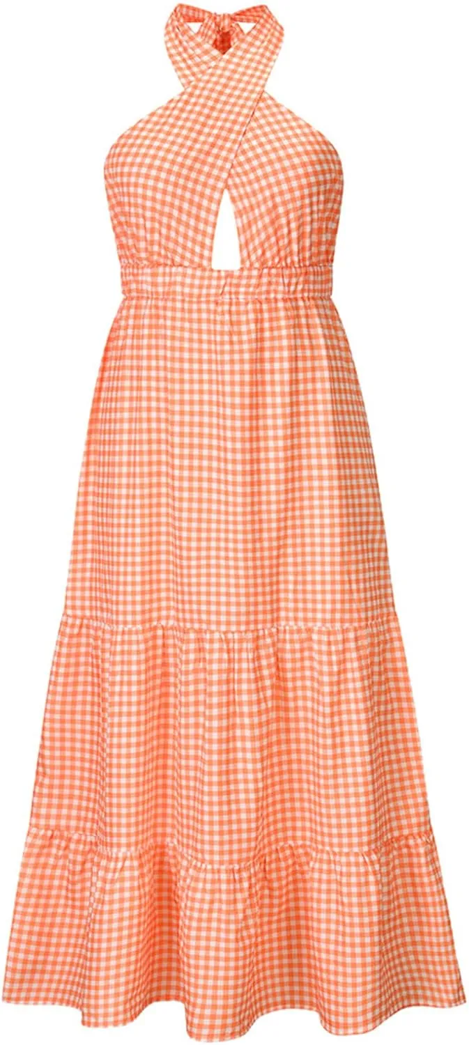 ASHER FASHION Women's Summer Plaid Maxi Dress Crossover Halter Neck Sleeveless Backless Flowy A Line Sundress