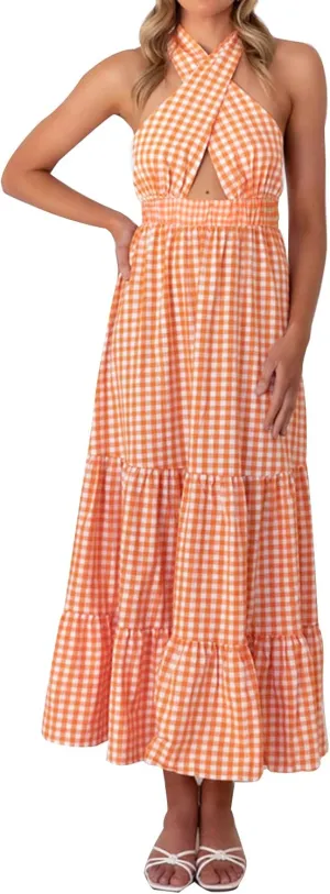 ASHER FASHION Women's Summer Plaid Maxi Dress Crossover Halter Neck Sleeveless Backless Flowy A Line Sundress