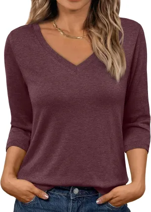 AUTOMET Womens 3/4 Length Sleeve Tops 2025 Summer V Neck Tee Shirts Dressy Casual Work Tunic Blouses Spring Clothes