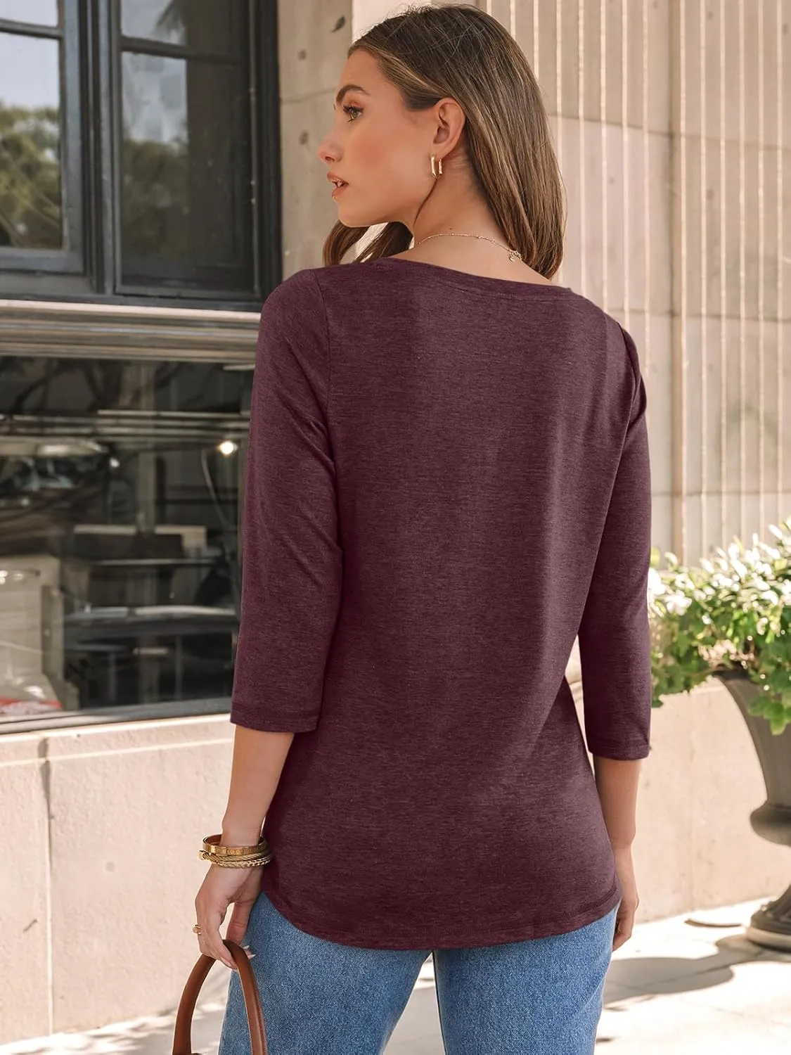 AUTOMET Womens 3/4 Length Sleeve Tops 2025 Summer V Neck Tee Shirts Dressy Casual Work Tunic Blouses Spring Clothes