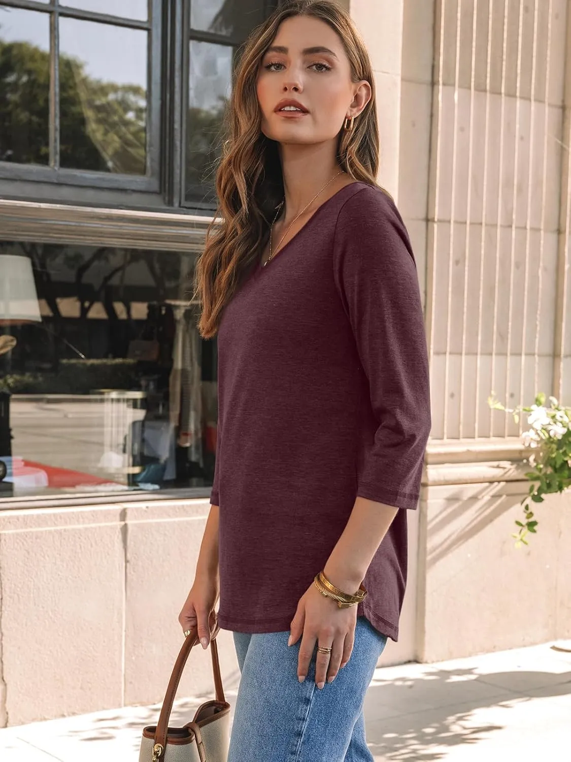 AUTOMET Womens 3/4 Length Sleeve Tops 2025 Summer V Neck Tee Shirts Dressy Casual Work Tunic Blouses Spring Clothes