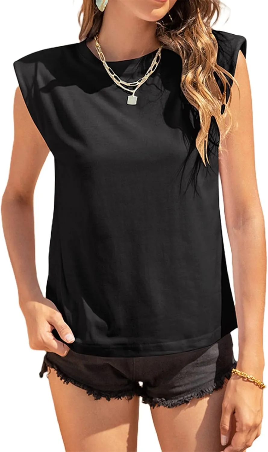 Avanova Women's Shoulder Pad Tank Top Sleeveless Casual Summer Round Neck T-Shirt