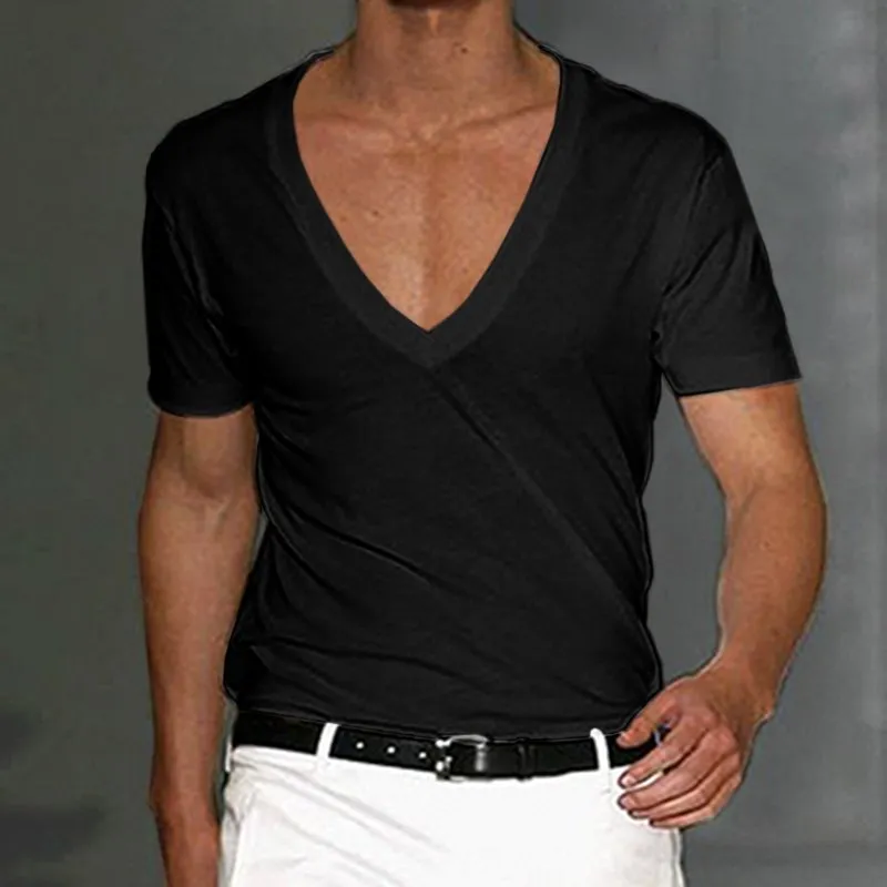 Basic White Deep V-Neck Cotton Short Sleeve T-Shirt