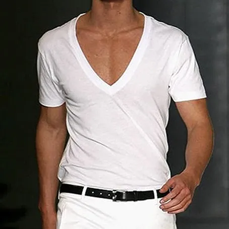 Basic White Deep V-Neck Cotton Short Sleeve T-Shirt