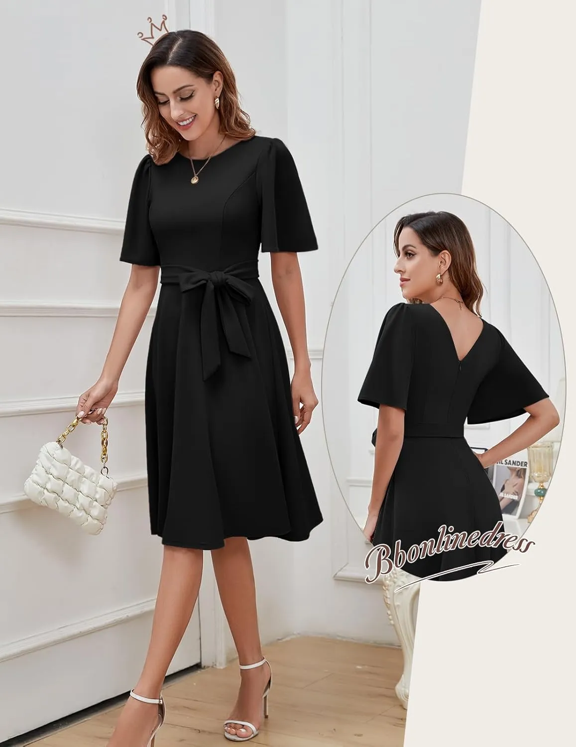 Bbonlinedress Women Midi Cocktail Vintage Dress Formal Wedding Guest Fit & Flare Church Work Prom 2025 Dress with Sleeves
