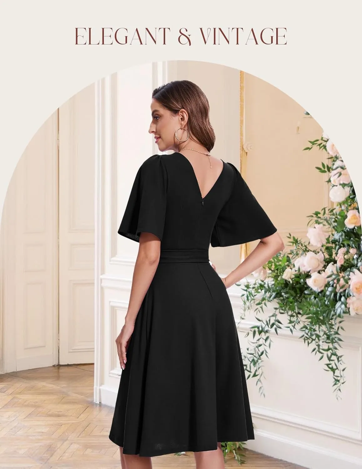 Bbonlinedress Women Midi Cocktail Vintage Dress Formal Wedding Guest Fit & Flare Church Work Prom 2025 Dress with Sleeves