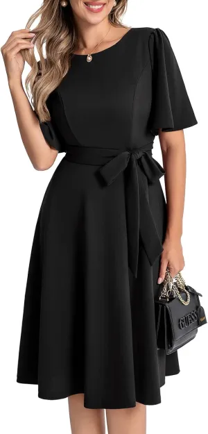 Bbonlinedress Women Midi Cocktail Vintage Dress Formal Wedding Guest Fit & Flare Church Work Prom 2025 Dress with Sleeves