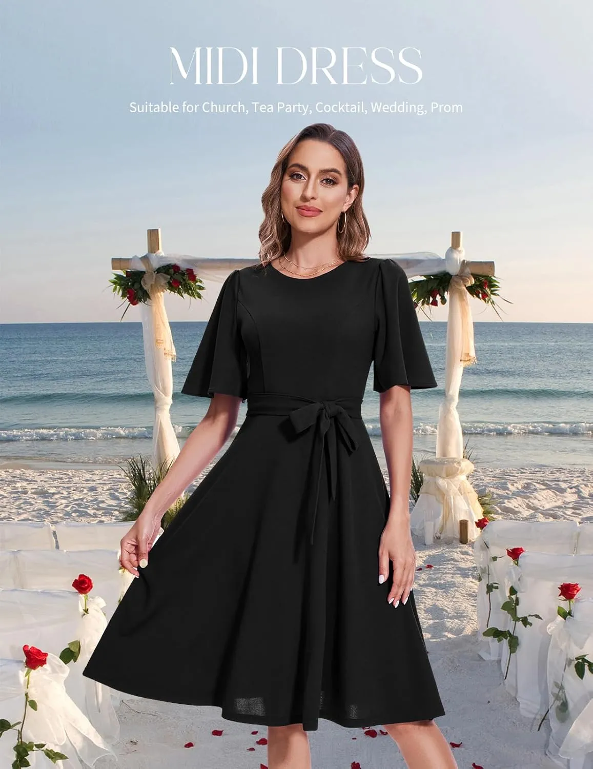 Bbonlinedress Women Midi Cocktail Vintage Dress Formal Wedding Guest Fit & Flare Church Work Prom 2025 Dress with Sleeves