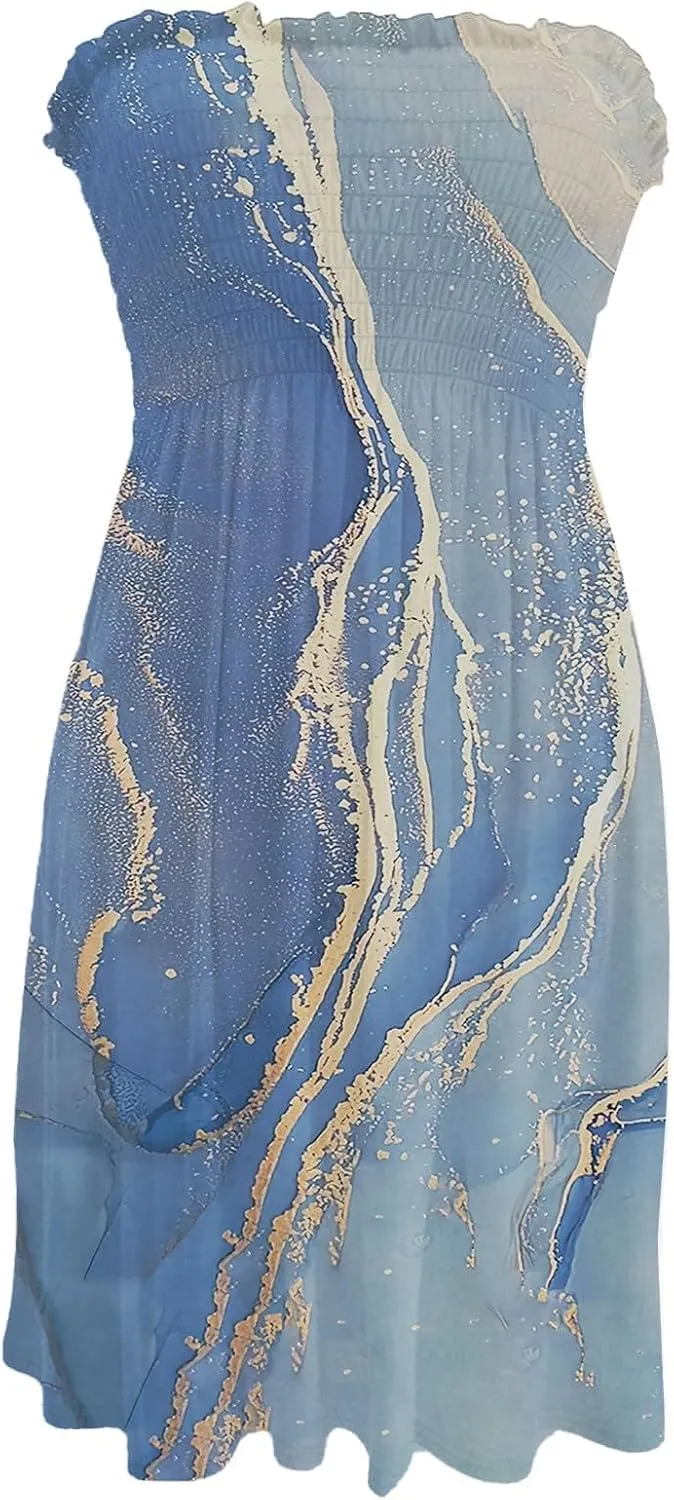 Beach Vacation Mini Dress for Women Sexy Strapless Tube Sundress Bohemian Floral Print Color Block A Line Dresses